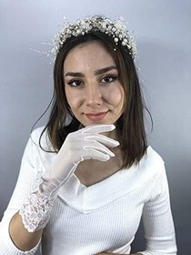 Resim Beyaz Uzun Gelin Eldiveni Ve Krem İncili Taç Nikah Takımı 