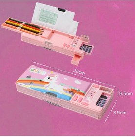 Resim Çocuklar İçin Çok Fonksiyonlu Bölmelere Sahip Açılır Kalem Kutusu Pembe Tek Boynuzlu At 