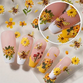 Resim 1 Sayfa Kabartmalı 3D Arı & Çiçek Tırnak Stickerları - Karikatür Tarzı Sarı Asma, Krizantemler & Sevimli Arılar, Kendinden Yapışkanlı Plastik DIY Tırnak Sanatı Çıkartmaları Kadınlar İçin, Yarı Mat Bitiş, Düzensiz Şekiller, Güzellik Aksesuarları, Eğlenceli Tasarım, Detaylı İşlemeler 