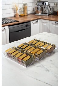 Resim 18'li Şeffaf Pleksi Standlı Cam Baharatlık Seti Gold Kapaklı Etiketli Baharatlık Takımı Mh02gld18 Gold - Şeffaf 