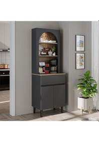 Resim 60 Cm Ledli Kahve Köşesi, Çok Amaçlı Dolap,2 Kapaklı 1 Çekmeceli Kiler Dolabı,mutfak Dolabı Atlantik Çam - Antrasit 