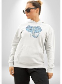 Resim Mandala Renkli Fil Kadın Erkek Beyaz Kapüşonlu Sweatshirt Hoodie Beyaz 