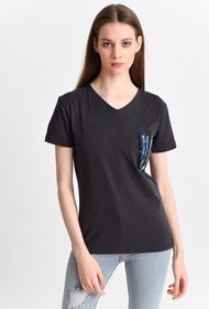 Resim Cotton Mood 9282830 Süprem Göğsü Tül Payet Cepli Kısa Kol V Yaka Bluz Sıyah 