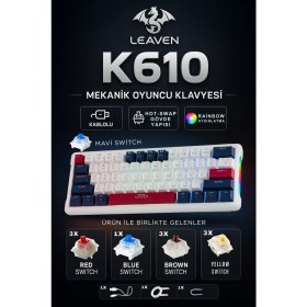 Resim Leaven K610 Kablolu Mekanik Oyuncu Klavyesi-Red Switch Hot Swap Rgb-61 Tuş Switch ve Tuş Sökücü Hediyeli 