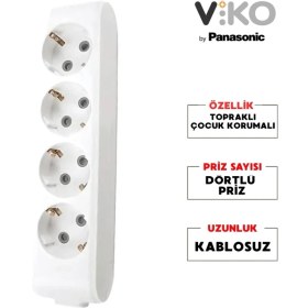 Resim Viko Dörtlü Grup Priz Topraklı - Çocuk Korumalı Çoğaltıcı Priz 4'lü Kablosuz Beyaz 