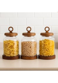 Resim Morponi 3'lü Borosilikat Cam Akasya Kapaklı Erzak Baharat Kavanozu 1100 Ml Şeffaf 