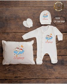 Resim yzc home size dair... K53 Ty Ekru Renk Isme Özel Isimli Baskılı Bebek Yastık Tulum Şapka Eldiven Set Hastane Çıkışı 