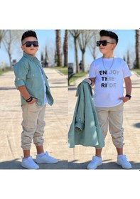Resim Modavals Cep Ve Kol Detaylı Düğmeli Ceket Baskılı Tişört Ve Kargo Pantolon 3 Parça Erkek Çocuk Takım-589274601 Yeşil 