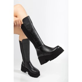 Resim Suins Shoes Suins Henna Model Platform Kadın Siyah Arkası Lastikli Çizme 