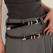 Resim Kadınlar İçin İnce Kesim Ayarlanabilir Metal Tokalı Kemer - Siyah PU & Kahverengi Günlük ve Parti Aksesuarı, Kot Pantolon, Elbise ve Gündelik Giyimler için Şık Bel Büzücü, Metalik Kaplama 