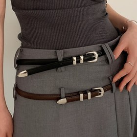 Resim Kadınlar İçin İnce Kesim Ayarlanabilir Metal Tokalı Kemer - Siyah PU & Kahverengi Günlük ve Parti Aksesuarı, Kot Pantolon, Elbise ve Gündelik Giyimler için Şık Bel Büzücü, Metalik Kaplama 