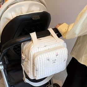 Resim Şık Ayı & Lale Nakışlı Bebek Bezi Çantası - Çocuk Seyahat Gereçleri için Bebek Arabası Klipsli Naylon Çapraz Vücut Ebeveyn Çantası 
