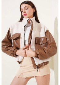 Resim Deri Garnili Cepli Peluş Mont Taba T1253 Taba 