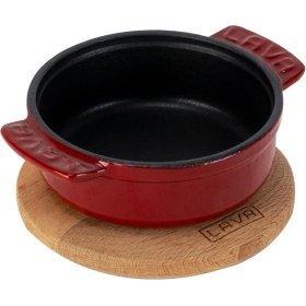 Resim Lava Döküm Yuvarlak Güveç Kabı Döküm Demir Yekpare Çift Kulplu Kayın Servis Ahşabı ÇAP(Ø)11CM.-BORDO 