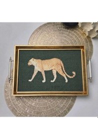Resim Leopar Desenli Dekoratif Tepsi Gold Çerçeveli Ve Kulplu Çay Kahve & Sunum Tepsisi 