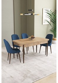 Resim Ikon Meşe Desen 80x132 Mdf Açılabilir Yemek Masası Takımı 4 Adet Sandalye Lacivert 