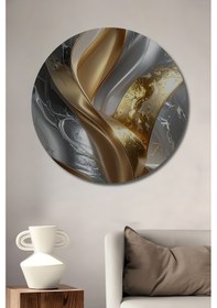 Resim Altın Varak Efektli Soyut Mermer Desenli Dekoratif Ahşap Tablo Yuvarlak Duvar Tablosu--- 45 X 45 