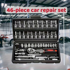 Resim 46 parça kapsamlı araç tamir aracı seti - 1/2, 1/4, 3/8 inç soketler, ratchet anahtarlar ve ayarlanabilir anahtarlar dahil - otomotiv, ev, garaj ve bisiklet kullanımı için ideal - dayanıklı çelik yapı, garaj aracı organizasyonu | profesyonel araç seti | dayanıklı çelik araçlar, araç düzenleyici 