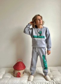 Resim Miniko Kids Erkek Çocuk Minecraft Modelli 3 İplik Şardonlu Eşofman Takımı Gri 
