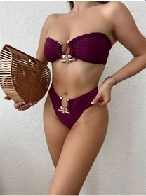 Resim Pink Life Mürdüm Tokalı İtalyan Kumaş Bikini Takımı-mürdüm 