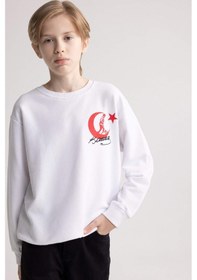 Resim DeFacto Erkek Çocuk Beyaz Bisiklet Yaka Atatürk Baskılı Nakışlı Sweatshirt D8200A824WNWT34 