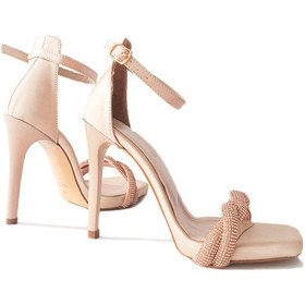 Resim Ten Rengi Saten Yüksek Topuk Taş Bant Detaylı Kadın Abiye Ayakkabı 001 