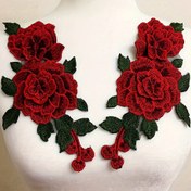 Resim Kırmızı Gül Nakışlı Sıcak Eritme Yama Çifti, Çiçek Aplike Dantel Etiketleri, DIY Giysi Süslemesi için Uygun, Yeşil Yaprak Süslemesi, Kumaş Bağlama Dekorasyonları 