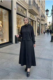Resim adamila Kadın Saten Omuz Pileli Gömlekli Etek Takım - Dökümlü İkili Takım Tesettür Giyim 