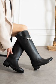 Resim butikpabuc Siyah Suni Deri Tokalı Binici Çizme 