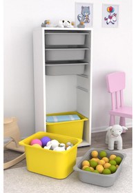 Resim Sepetli Oyuncak Dolabı Sarı Gri 2 Büyük 4 Küçük Gri - Sarı 