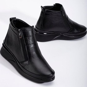 Resim Hakiki Deri Ortopedik Kadın Bot Siyah 2 Fermuarlı Dolgu Tabanlı-3294 Siyah 