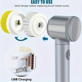 Resim 5 Fırça Başlığı ile Elektrikli Temizleme Fırçası, USB Şarj Edilebilir, 500mAh, Elde Taşınabilir Temizleyici, Taşınabilir ve Kompakt 