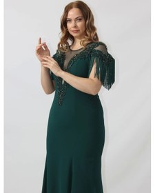 Resim Moda Berray 80099 İşlemeli Püsküllü Büyük Beden Uzun Abiye Siyah Yeşil 