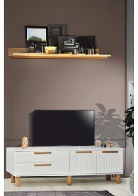 Resim Dia Tv Sehpası 2 Kapaklı Ve 2 Çekmeceli Tasarım Beyaz Krem Detaylı- 160x35x52 Cm 