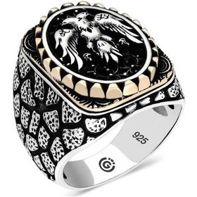 Resim Gümüş Çift Başlı Kartal Oval Erkek Yüzük - 555892575 