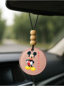 Resim Cekuonline Kişiye Özel İsim Yazılı 1.Sınıf Deri Ahşap Dekorlu Dikiz Aynası Süsü Pudra Pembe - Mickey 