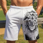 Resim Erkek Yaz Rahat Aslan Baskılı Plaj Şortları - Hafif Polyester, Elastik Bel Düğnesi, Kum Dirençli, Havuz ve Leisür için Şık Hayvan Tasarımı 