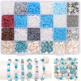 Resim 3200 parçalık takı yapımı seti, okyanus temalı doğal taş+polimer boncuk DIY malzeme kiti, kaplumbağa/salyangoz/denizyıldızı aksesuarları dahil, el yapımı arkadaşlık bilekliği ve kolye yapım seti 