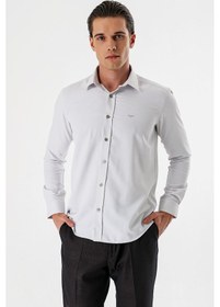 Resim İmza Açık Bej Uzun Kollu Desenli Armürlü Sert Yaka Cepsiz Pamuklu Slim Fit Dar Kesim Gömlek 1004235171-açık Bej Açık Bej 