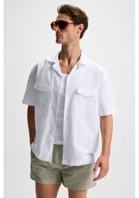 Resim Grimelange TERO Erkek %100 Pamuk Apaj Yaka Kısa Kollu Flamlı Oxford Comfort Fit Hawaii Beyaz Gömlek 