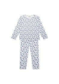 Resim Antebies Organik Beyaz Yabanmersini Desenli Jakarlı Beli Lastikli Uzun Kollu Kız Çocuk Pijama Takımı Mavi 