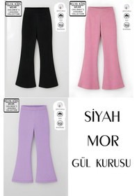 Resim Belyakidswear 3 Lü Paket Pamuğa Pamuk Kız Çocuk Fitilli Taytlar Siyah,mor,gülkurusu 