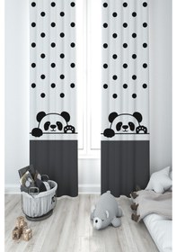 Resim Mekta Home Bebek Ve Çocuk Odası El Sallayan Sevimli Panda Desenli 2 Kanat Fon Perde 