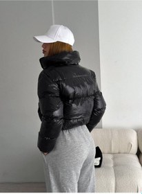 Resim Kadın Şişme Mont Elyaflı Kapüşonsuz Cepli Rüzgar Geçirmez Su Geçirmez Kışlık Bomber Mont Siyah 