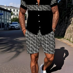Resim Erkekler için Rahat Tropikal Mektup Baskılı Pijama Takımı - Kısa Kollu Gömlek Düğmeli Yaka ve Cep Detaylı Şort, Rahat Esnek Kumaş, Tüm Mevsimler İçin Ev Giyimi, Rahat Kesim, Ev Konforu Giyim | Rahat Kesim Şort | Düğmeli Yaka Gömlek 