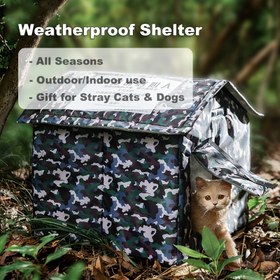 Resim Her Mevsim İçin Hava Koşullarına Dayanıklı Sokak Kedileri ve Köpekleri Barınak - Açık/Kapalı Kullanım, 2 Yavru Kedi/1 Küçük Köpek/1 Yetişkin Kedi Kapasiteli, Çapa Dikmeleri, Çadır Tabanı ve Rüzgar Geçirmez Kapı Dahil 
