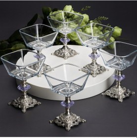 Resim Elta Collection Karen 6 Parça Döküm Gümüş Ayaklı Sunumluk Seti Magnolia Dondurmalık Cup Çerezlik gümüş 