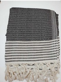 Resim Koltuk Çekyat Örtüsü Krem Siyah Pamuklu Naturel Kolları Kaplayan Püsküllü Büyük Boy 180 X 300 Çok Renkli 