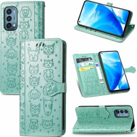 Resim Yihang Boutique Oneplus Nord N200 5g Flip Cüzdan Kabartmalı Kapak Etui Housse Kedi Köpek Desen - Yeşil (Yurt Dışından) 
