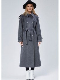 Resim Kuşaklı Oversize Kaşe Kaban Koyu Gri 